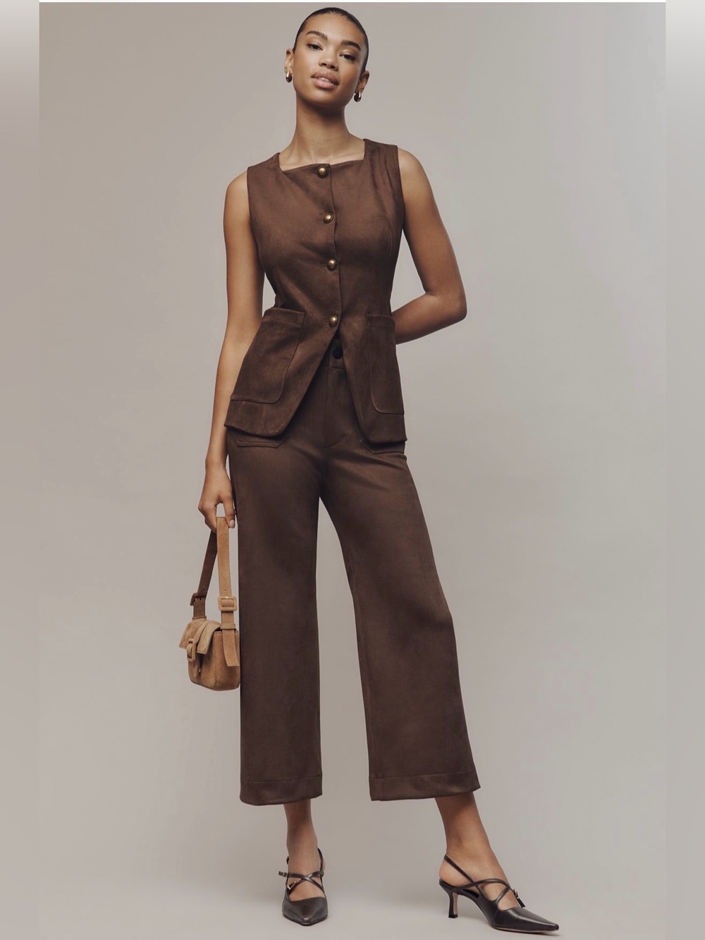 Anthropologie Maeve Colette Faux-Suede High-Rise Wide-Leg Cropped Pants